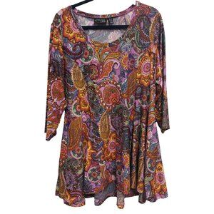 Attitudes By Renee Womens Wearable Art Tunic Top Size 1X Paisley BOHO 3/4 Sleeve